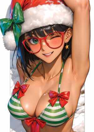 Anime Girl in Santa Hat: Festive Holiday Artwork - Premium Wooden Framed Poster. Ready to Hang.