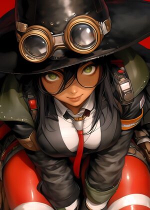 Anime Girl with Goggles: Striking Portrait - Premium Wooden Framed Poster. Ready to Hang.