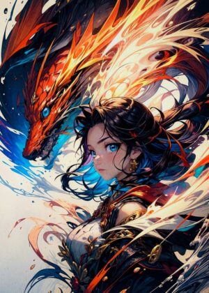 Anime Girl with Dragon: Fiery Fantasy Art Print - Premium Wooden Framed Poster. Ready to Hang.