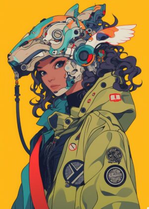 Cyberpunk Woman with Mechanical Helmet: Futuristic Art Print - Premium Wooden Framed Poster. Ready to Hang.