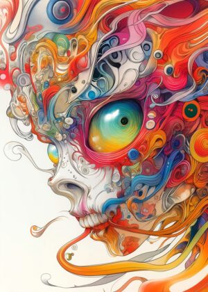 Abstract Skull Swirl: Vibrant Psychedelic Art - Premium Wooden Framed Poster. Ready to Hang.