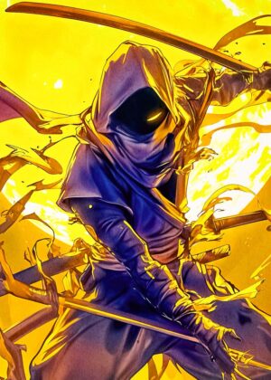 Shadow Ninja: A Fiery Masterpiece - Premium Wooden Framed Poster. Ready to Hang.