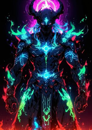 Neon Demon Warrior: Fiery Digital Artwork - Premium Wooden Framed Poster. Ready to Hang.