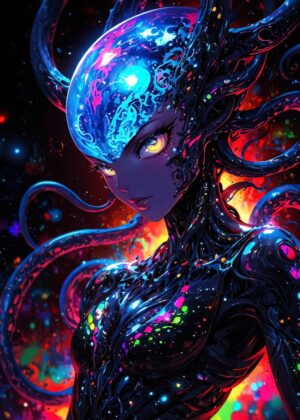 Cosmic Anime Girl: A Vibrant Fusion of Fantasy and Sci-Fi - Premium Wooden Framed Poster. Ready to Hang.