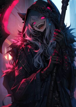 Dark Anime Girl with Scythe: Gothic Fantasy Art Print - Premium Wooden Framed Poster. Ready to Hang.