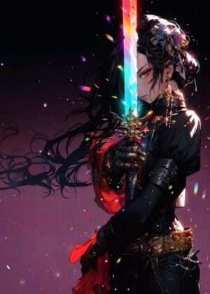 Anime Girl with Rainbow Sword: Dark Fantasy Art Print - Premium Wooden Framed Poster. Ready to Hang.