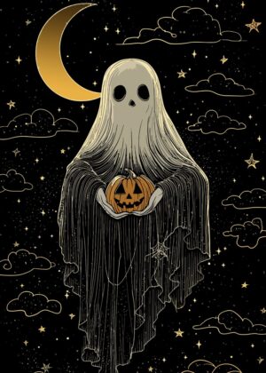 Spooky Season Ghost and Pumpkin Art Print - Premium Wooden Framed Poster. Ready to Hang.
