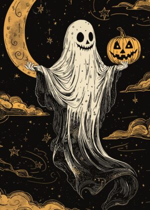 Spooky Season Ghost and Pumpkin Art Print - Premium Wooden Framed Poster. Ready to Hang.