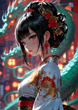 Elegant Anime Girl in Traditional Kimono - Premium Wooden Framed Poster. Ready to Hang.