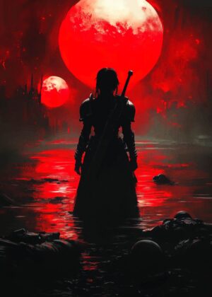 Silhouette Warrior Under Crimson Moons - Premium Wooden Framed Poster. Ready to Hang.