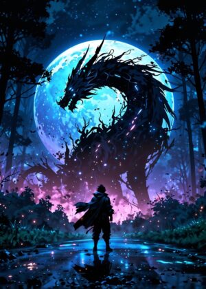 Moonlit Dragon Confrontation: A Digital Art Print - Premium Wooden Framed Poster. Ready to Hang.