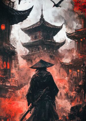 Samurai Walking Through Japanese City at Dusk - Premium Wooden Framed Poster. Ready to Hang.