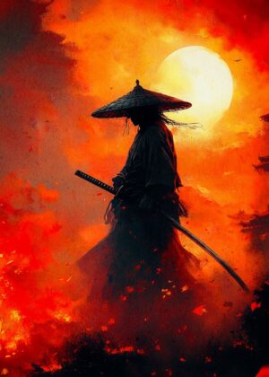 Samurai Fiery Sunset: A Digital Art Print - Premium Wooden Framed Poster. Ready to Hang.