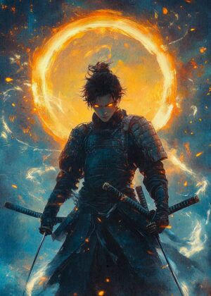 Fiery Samurai: A Digital Painting - Premium Wooden Framed Poster. Ready to Hang.