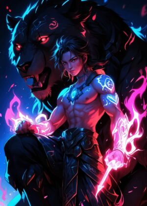 Fierce Warrior and Spirit Animal: Dynamic Fantasy Art - Premium Wooden Framed Poster. Ready to Hang.