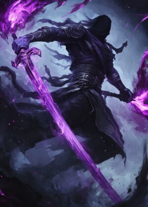 Dark Figure with Sword: A Mystical Digital Painting - Premium Wooden Framed Poster. Ready to Hang.