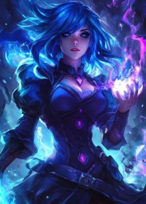 Mystical Blue-Haired Mage Fantasy Art Print - Premium Wooden Framed Poster. Ready to Hang.