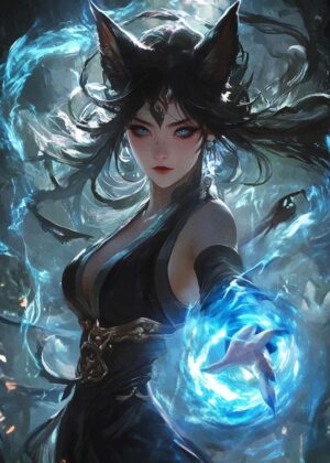 Blue-Eyed Sorceress: Fantasy Art Print - Premium Wooden Framed Poster. Ready to Hang.