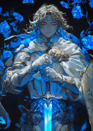 Knight Blue Sword: A Majestic Fantasy Artwork - Premium Wooden Framed Poster. Ready to Hang.