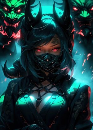 Demon Girl with Fiery Red Eyes: Dark Fantasy Art - Premium Wooden Framed Poster. Ready to Hang.