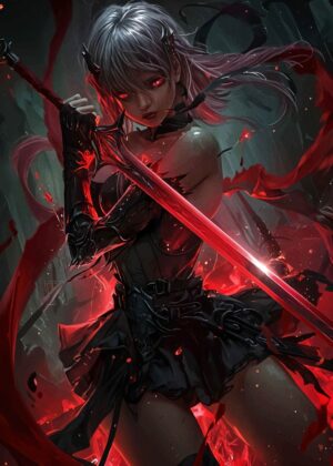Crimson Warrior: Fiery Anime Girl Artwork - Premium Wooden Framed Poster. Ready to Hang.