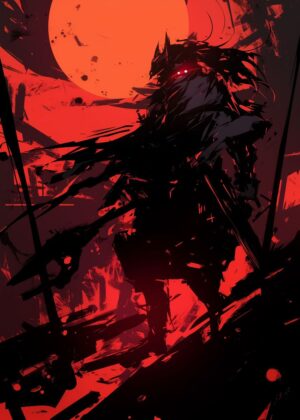Red Moon Samurai: A Fiery Digital Art Print - Premium Wooden Framed Poster. Ready to Hang.