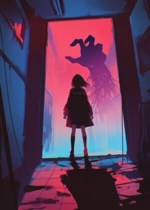 Anime Girl Confronts Giant Hand in Neon-Lit Corridor - Premium Wooden Framed Poster. Ready to Hang.