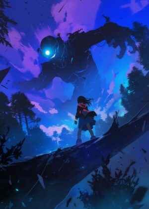Giant and Girl: A Confrontation in the Twilight Forest - Premium Wooden Framed Poster. Ready to Hang.