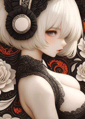 Elegant Anime Girl in Black Lace Artwork - Premium Wooden Framed Poster. Ready to Hang.