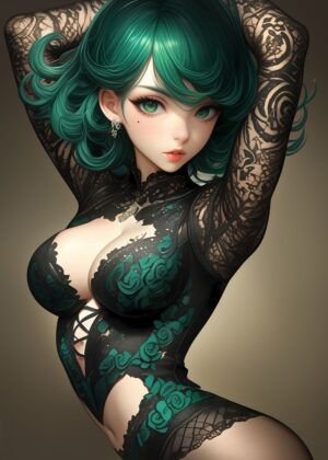 Stunning Anime Girl in Elegant Lace - Premium Wooden Framed Poster. Ready to Hang.