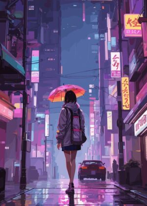 Rainy Night in Tokyo: Anime Cityscape Art - Premium Wooden Framed Poster. Ready to Hang.
