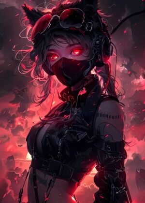 Red-Eyed Anime Girl: Fiery Cyberpunk Art Print - Premium Wooden Framed Poster. Ready to Hang.
