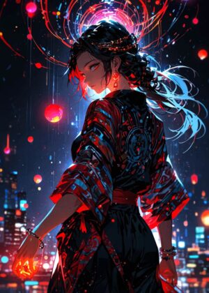 Anime Girl in Red Kimono: Cyberpunk City Nights - Premium Wooden Framed Poster. Ready to Hang.
