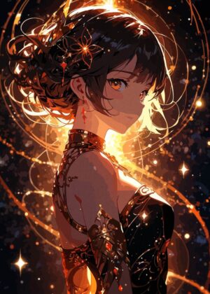 Anime Girl Golden Glow Art Print - Premium Wooden Framed Poster. Ready to Hang.