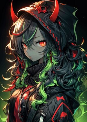 Fiery Anime Girl with Red Horns: Dark Fantasy Art Print - Premium Wooden Framed Poster. Ready to Hang.