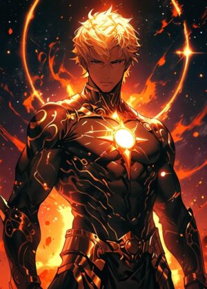 Solar Armor Warrior: Fiery Digital Art Print - Premium Wooden Framed Poster. Ready to Hang.