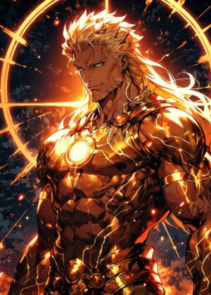 Golden Warrior: Fiery Digital Art Print - Premium Wooden Framed Poster. Ready to Hang.