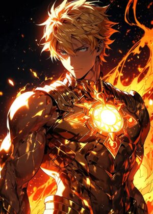 Fiery Anime Warrior: Digital Art Print - Premium Wooden Framed Poster. Ready to Hang.