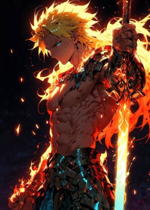Fiery Anime Warrior Art Print - Premium Wooden Framed Poster. Ready to Hang.