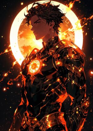 Fiery Anime Knight: Digital Art Print - Premium Wooden Framed Poster. Ready to Hang.
