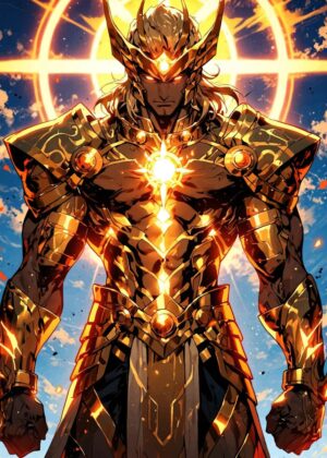 Radiant Golden Warrior: Epic Fantasy Art Print - Premium Wooden Framed Poster. Ready to Hang.