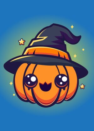Cute Witch Pumpkin Kawaii Halloween Art Print - Premium Wooden Framed Poster. Ready to Hang.