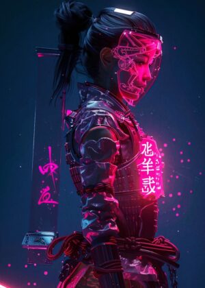 Neon Samurai: Cyberpunk Warrior Art Print - Premium Wooden Framed Poster. Ready to Hang.