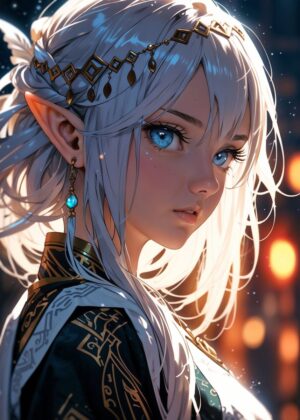 Anime Elf Girl Portrait: Mystical Beauty - Premium Wooden Framed Poster. Ready to Hang.