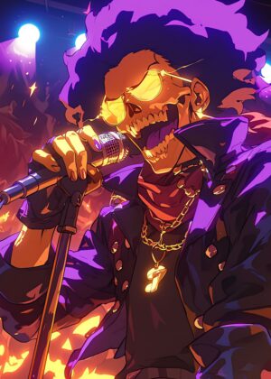 Skeleton Rockstar: Fiery Stage Performance Art Print - Premium Wooden Framed Poster. Ready to Hang.