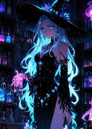 Mystical Anime Witch: Glowing Potion Artwork - Premium Wooden Framed Poster. Ready to Hang.