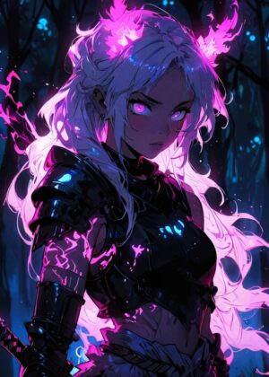Anime Warrior Girl: Neon Nights - Premium Wooden Framed Poster. Ready to Hang.
