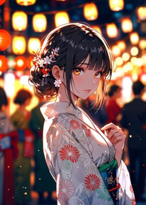 Anime Girl in Yukata at Summer Festival - Premium Wooden Framed Poster. Ready to Hang.