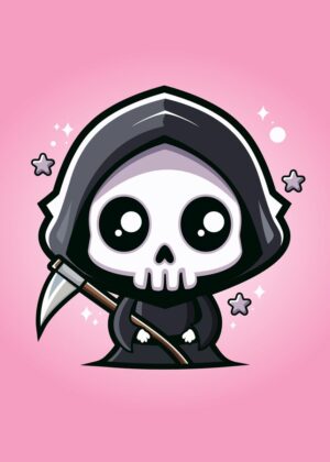 Adorable Grim Reaper Kawaii Art Print - Premium Wooden Framed Poster. Ready to Hang.