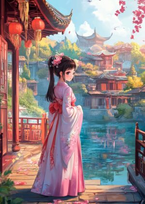 Anime Girl in Traditional Chinese Hanfu Dress by the Water - Premium Wooden Framed Poster. Ready to Hang.